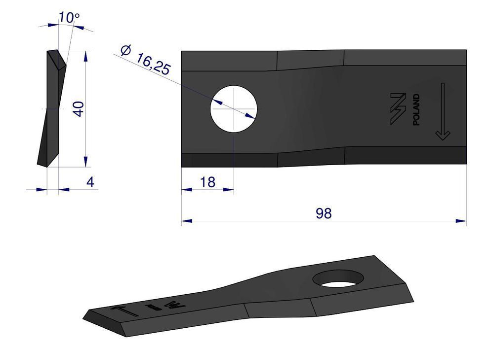 Nożyk kosiarka prawy 98x40x4mm otwór 16.2  DM-305 Claas WARYŃSKI 25szt