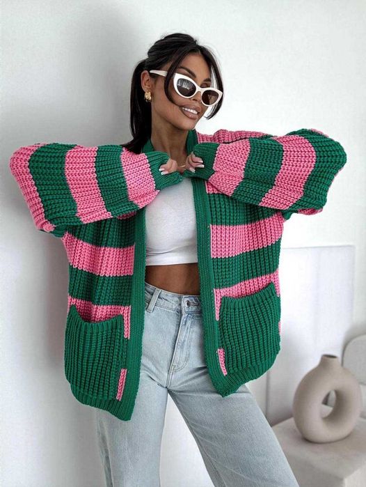 Sweter,kardigan szerokie pasy,oversize