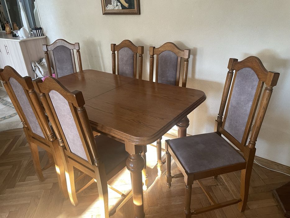 Stół dębowy rozkładany +6 krzeseł tapicerowanych(szara tapicerka)zadba