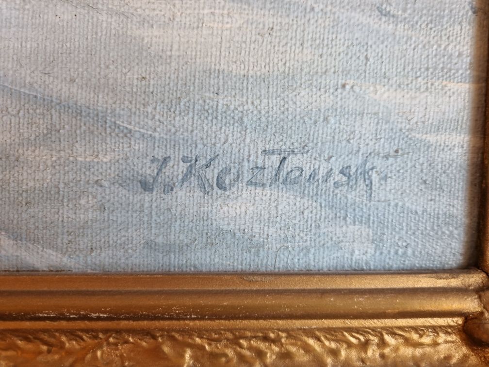 Obraz olej  na płótnie  "Konie w zaprzęgach przed karczmą" J. Kozłowsk