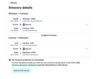 3x Bilety lotnicze | Powrót | Wrocław -> Cypr (Larnaca) 6.06 do 17.06