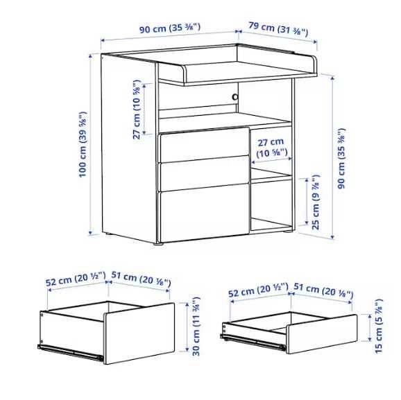 Trocador,  branco/com 3 gavetas, 90x79x100 cm