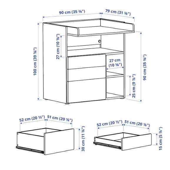 Trocador,  branco/com 3 gavetas, 90x79x100 cm