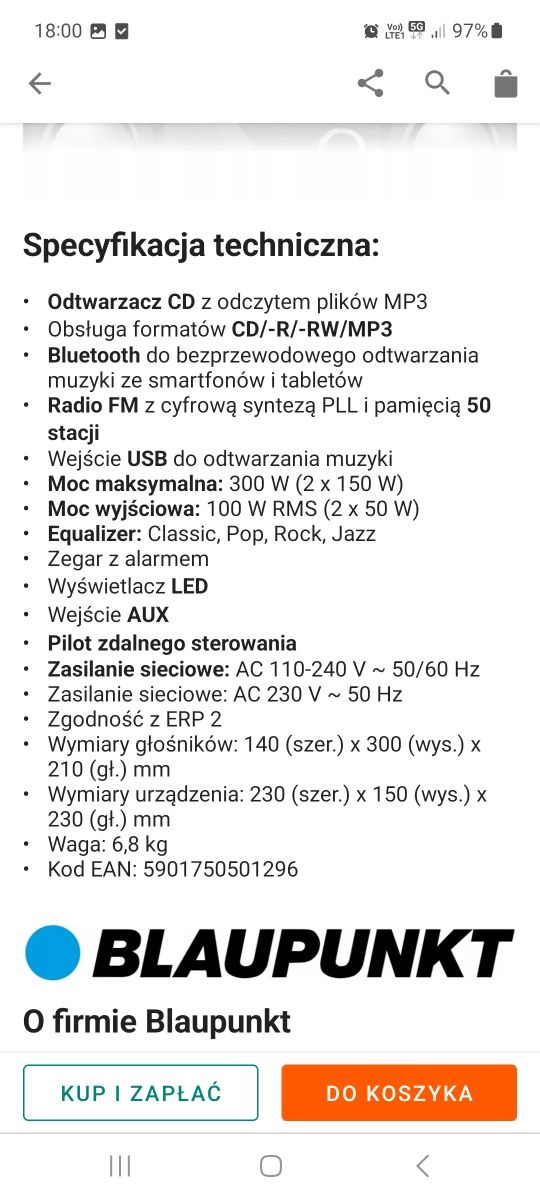 Wieża stereo CD mp3 USB blaupunkt