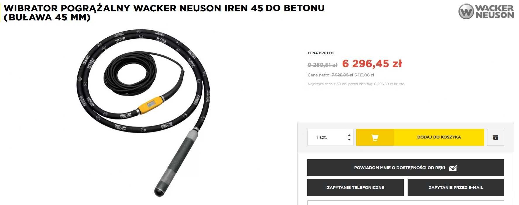 Wibrator pogrążalny Wacker Neuson IREN 45mm 5M do betonu 42V Siła