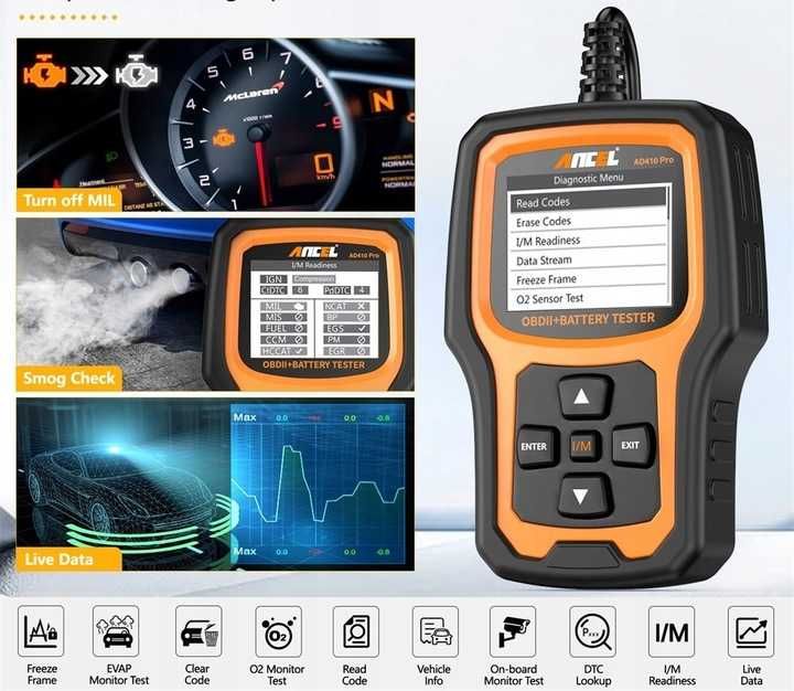 Skaner OBD2 Tester Baterii 2w1 AD410 PRO j.POLSKI