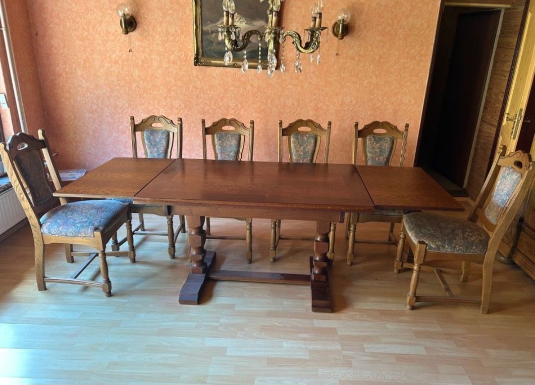 Stół rozkładany, 6 krzeseł w stylu rustykalnym