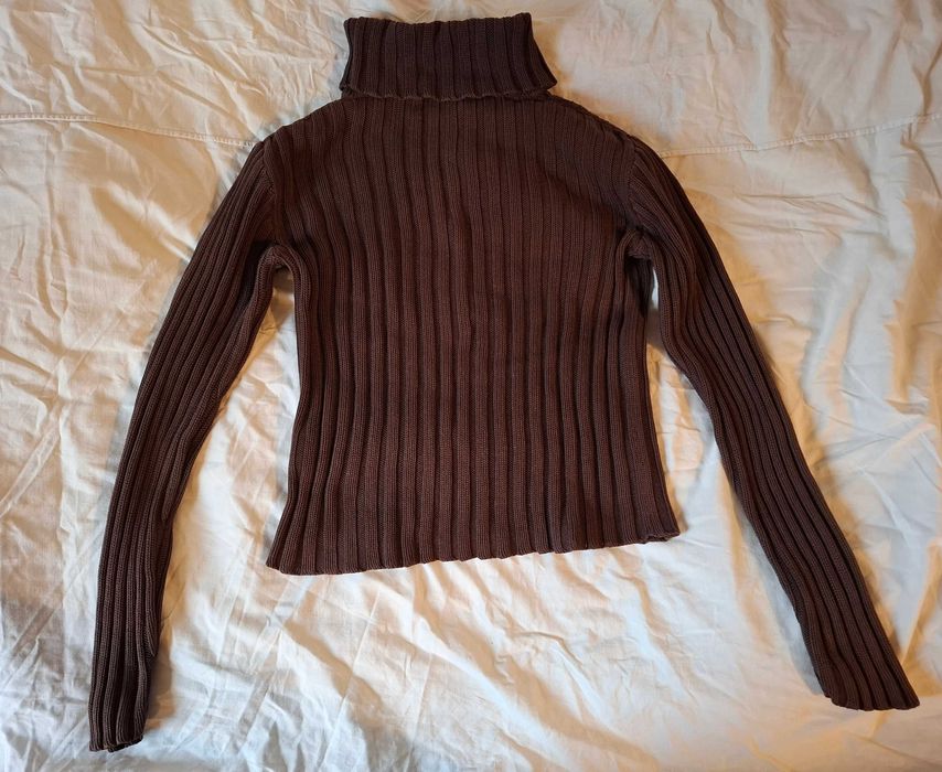 Sweter-golf ciemno-brązowy, bawełna, wiązany splot