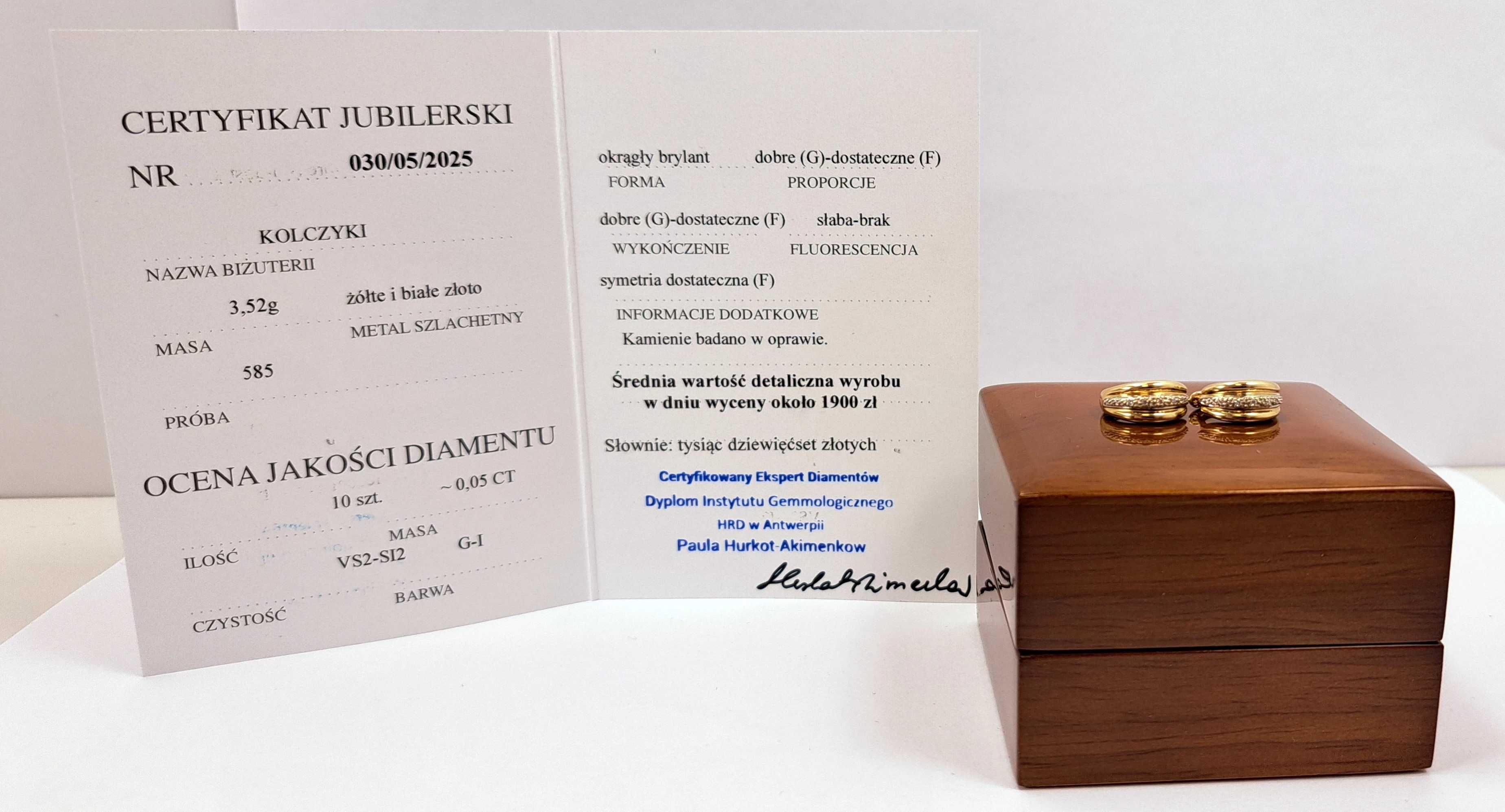 Okrągłe złote kolczyki 585 z diamentami0,05ct w:3,52g zamknięty bigiel