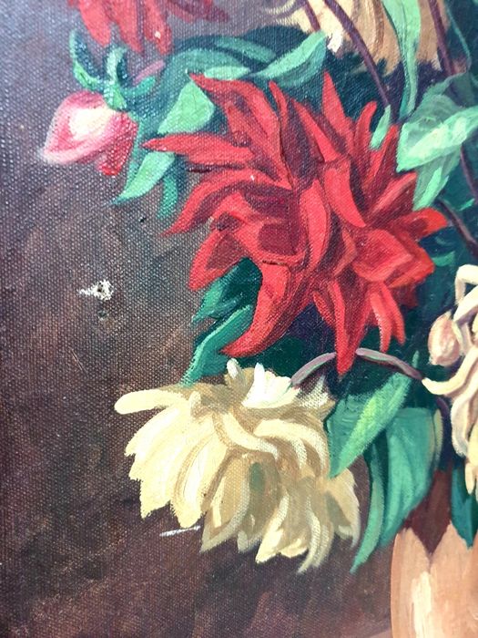 Antiga pintura de Natureza Morta - crisântemos - em óleo sobre tela