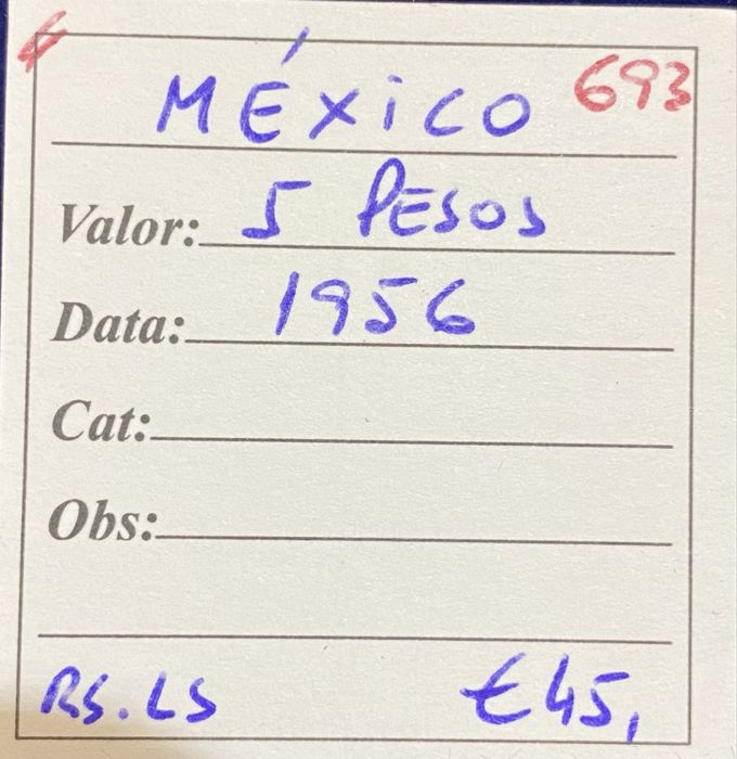 Moeda MEXICO 5 Pesos 1956 Prata