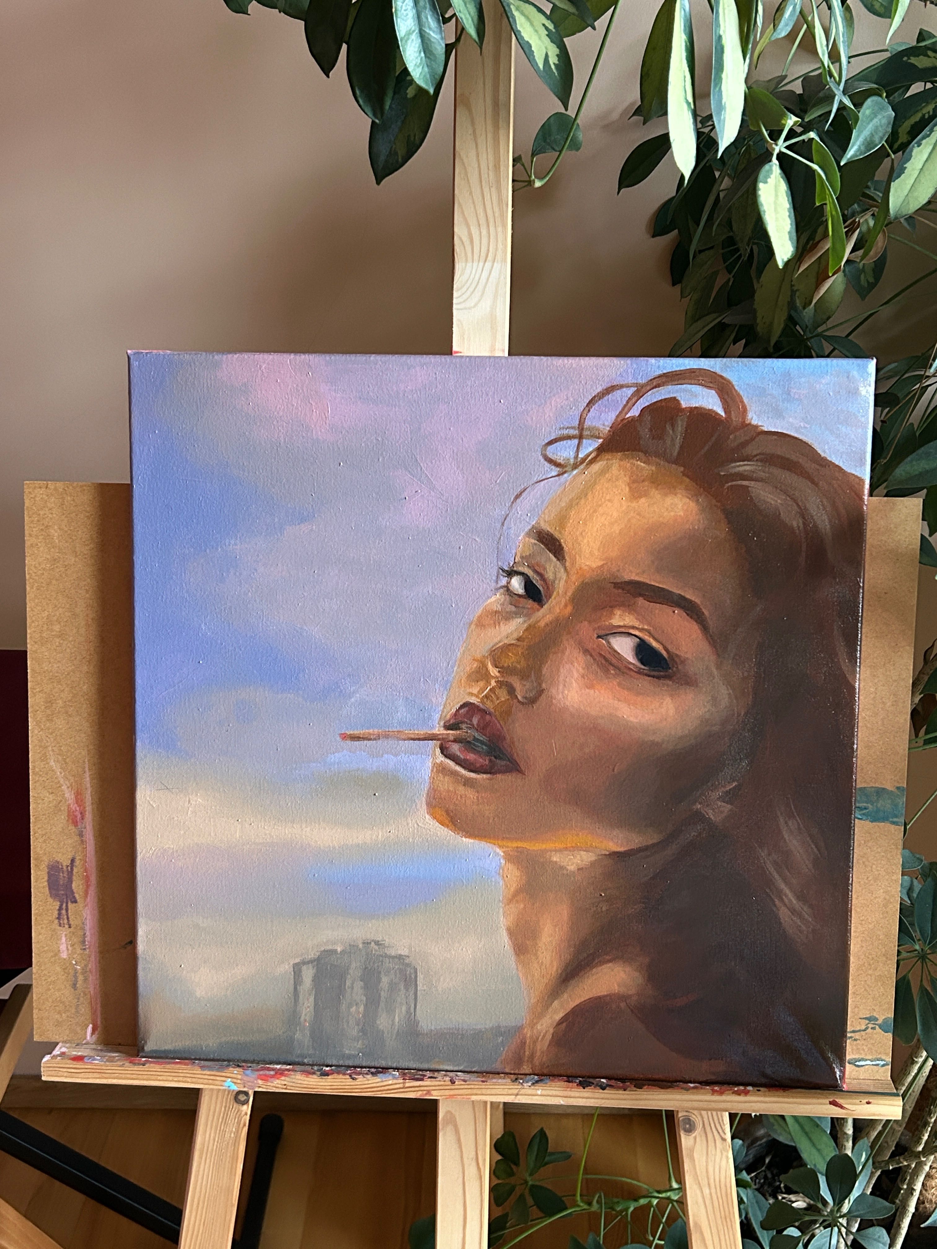 obraz - portret, kobieta z papierosem, 50x50 akryl, werniks
