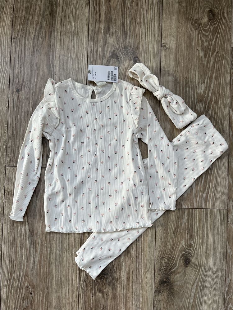 Bawełniany komplet w prążki 3 częściowy top legginsy opaska 92 H&M