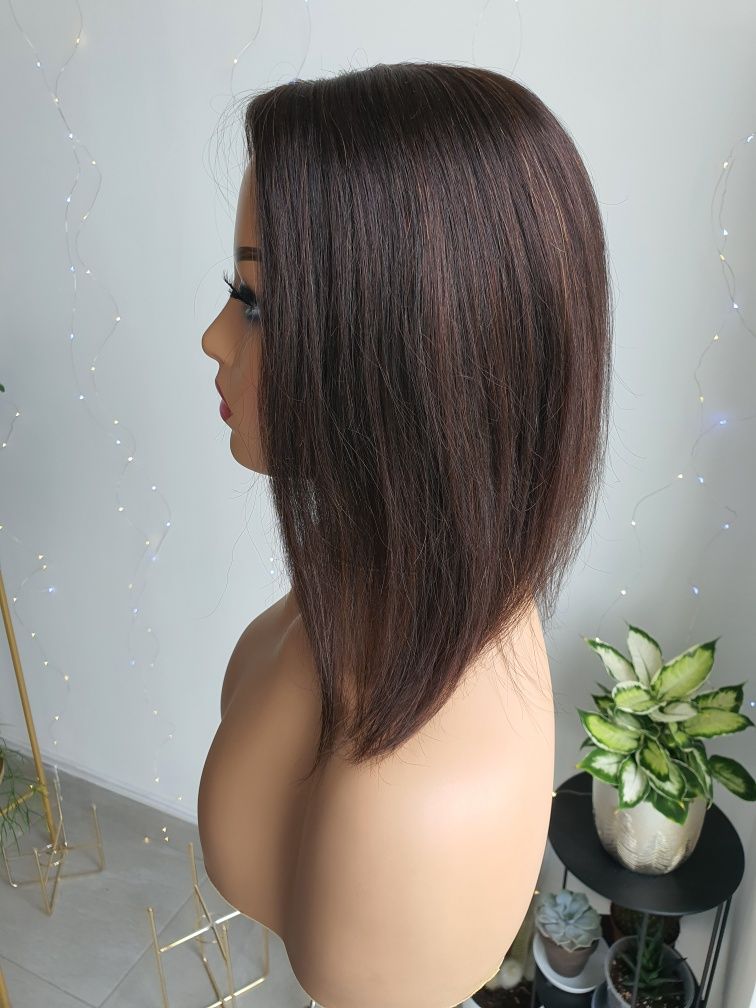 Lekki tupet topper z włosów naturalnych ciemny 40 cm brąz Anna