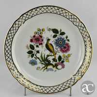 Prato porcelana Artibus, decoração pássaro e flores, rebordo a ouro