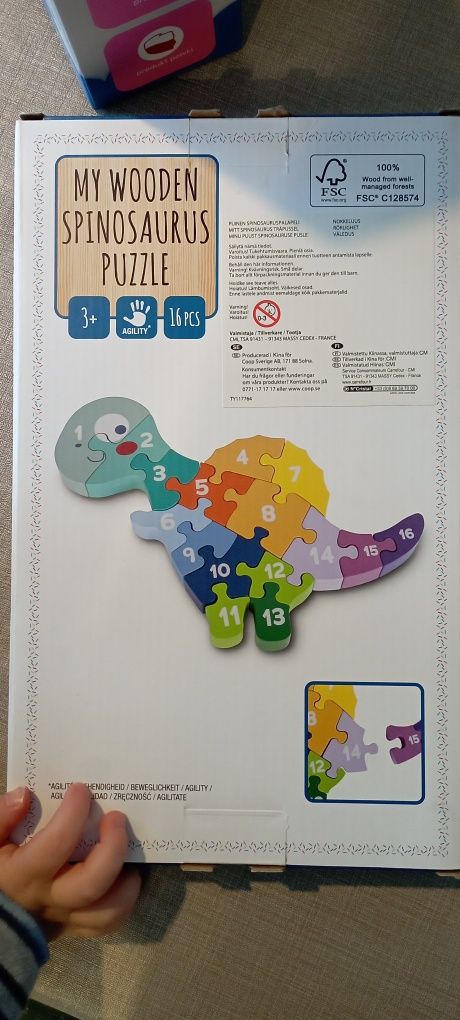 NOWE puzzle drewniane, nauka liczb do 16, puzzle dinozaur