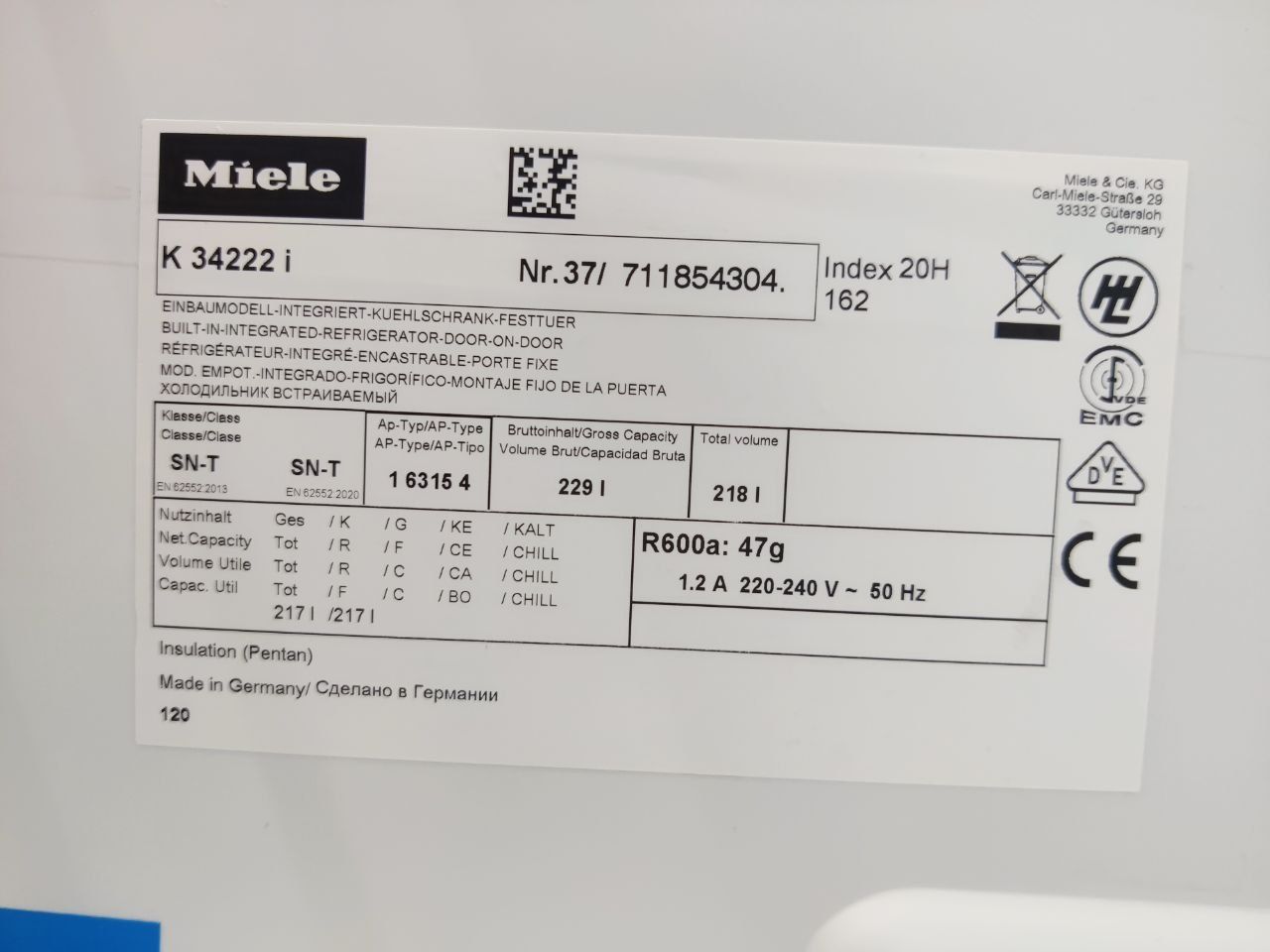 Новый встраиваемый холодильник Miele™ K34222iF. 121cm. Германия. 2021г