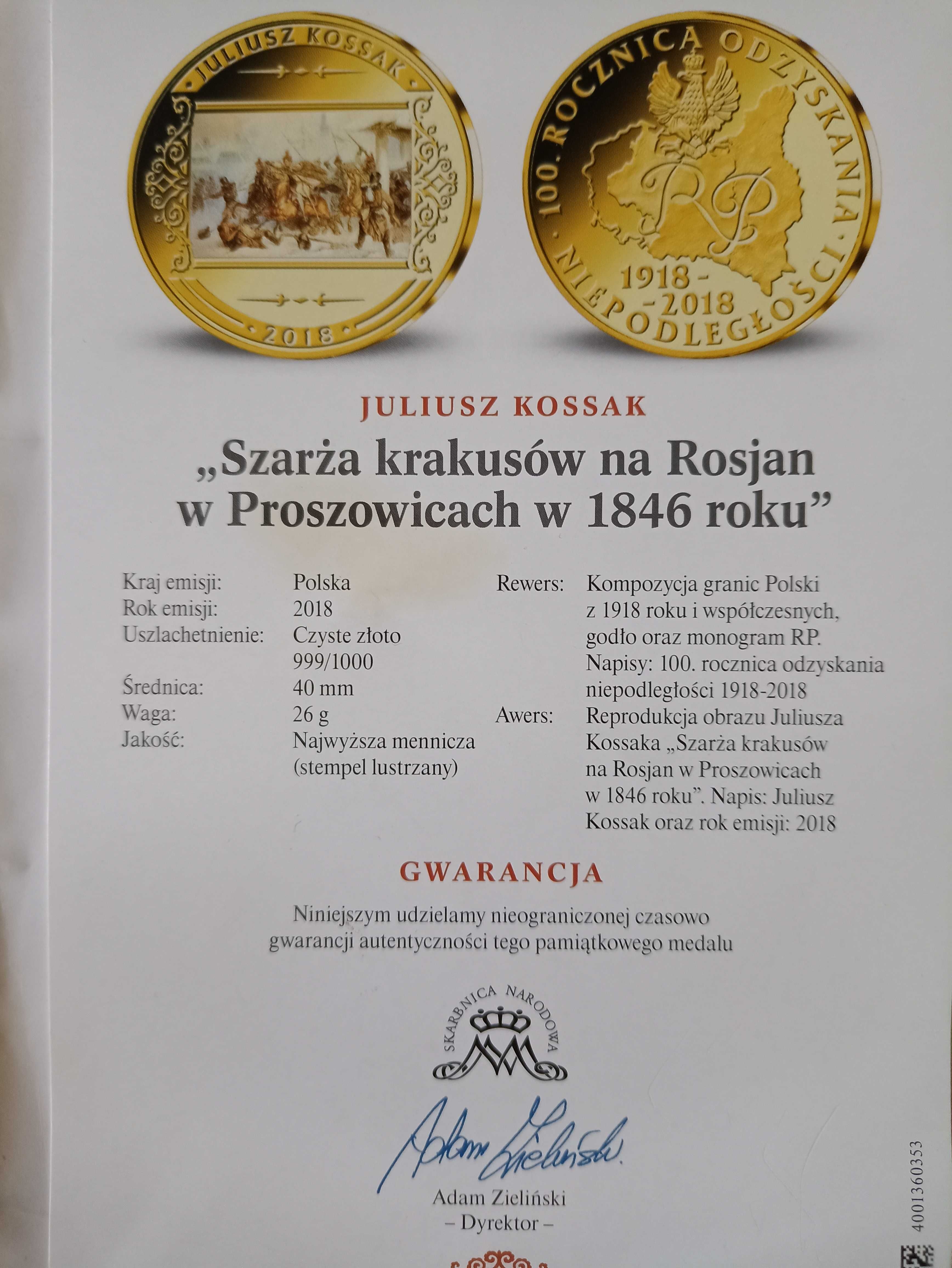 Pozłacany medal  - 100 rocznica Odzyskania Niepodległości - Kossak