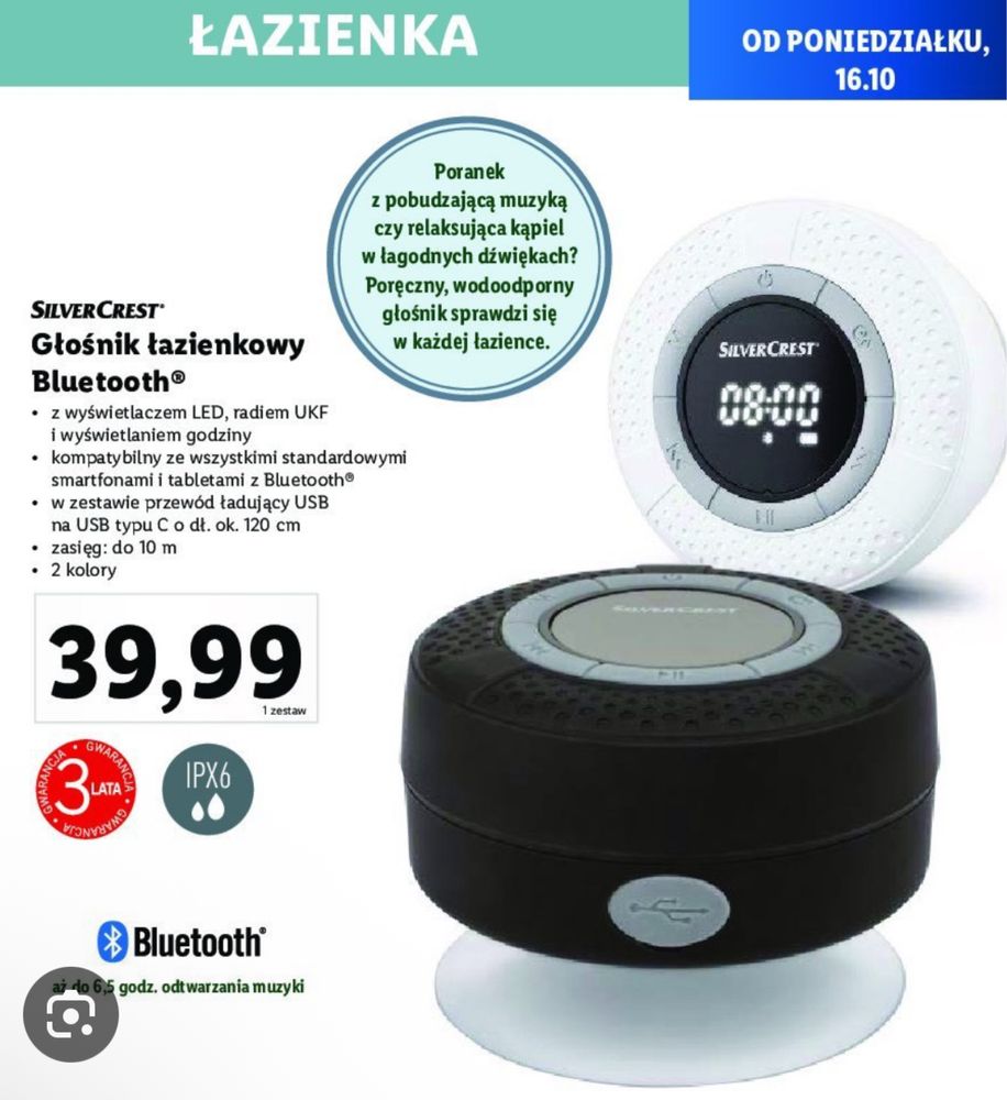 Glosnik lazienkowy bluetooth radio Silvercrest