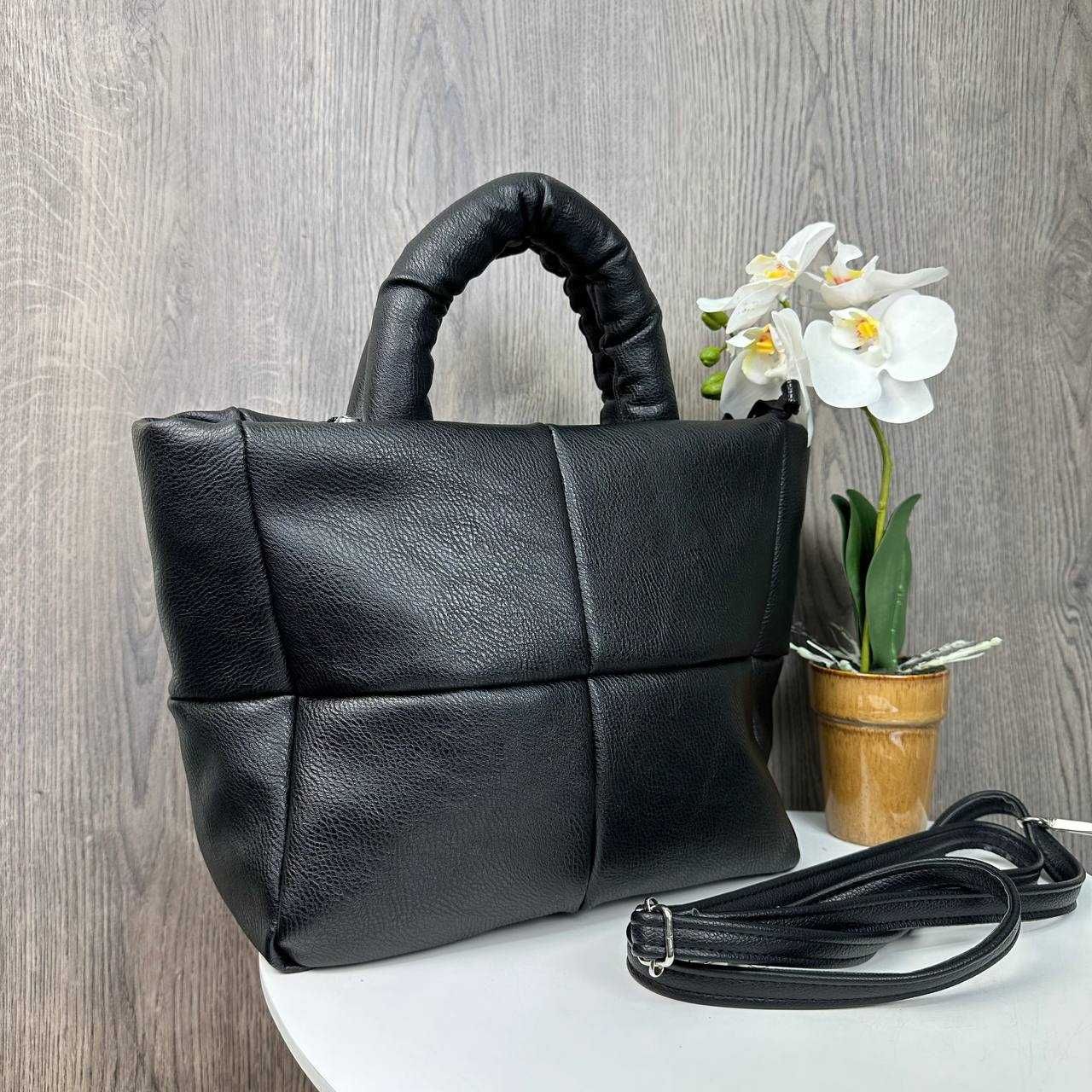 Женская мягка сумочка дутая Зара черная молочная Zara сумка жіноча ХИТ
