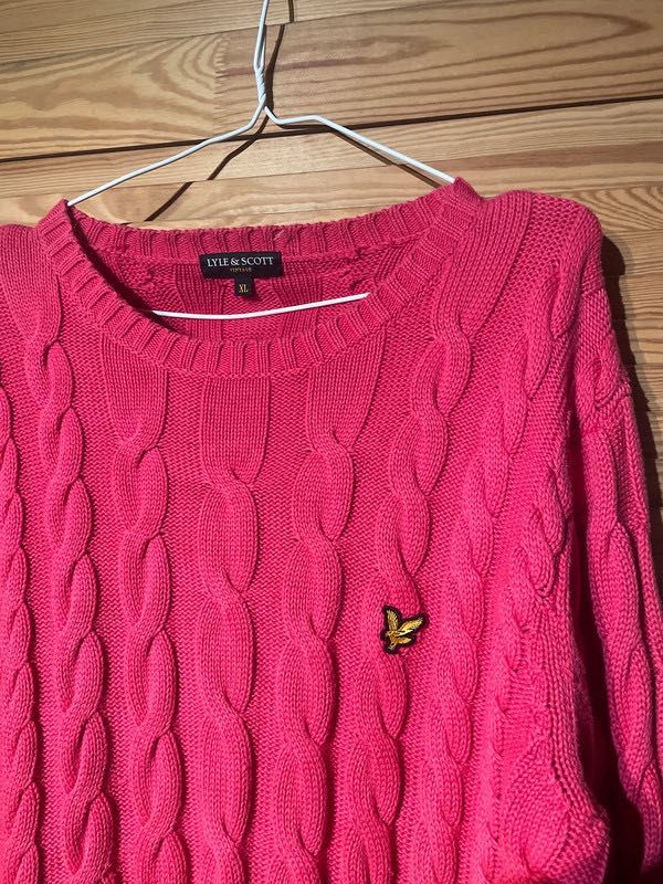 Sweter lyle&scott vintage xl warkoczykowy splot różowy bawełna