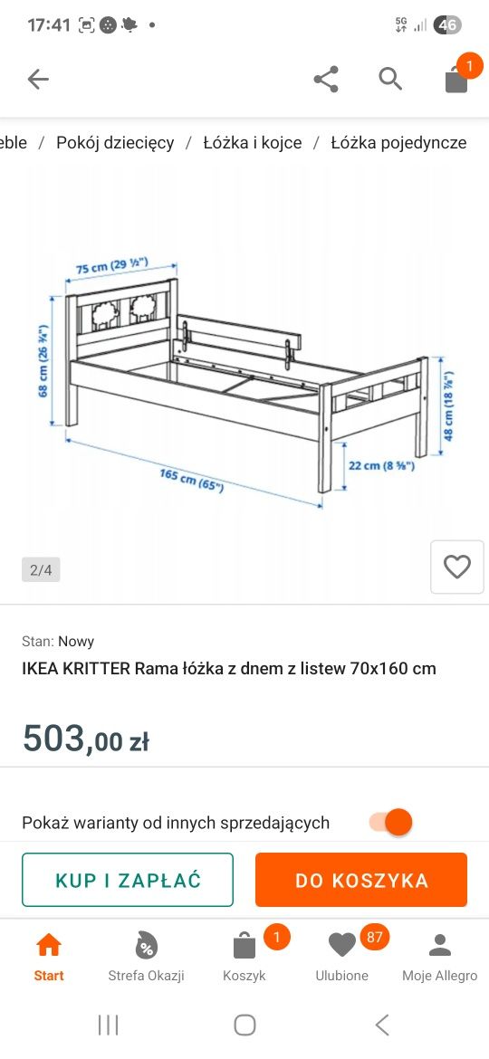 IKEA KRITTER Rama łóżka z dnem z listew 70x160 cm