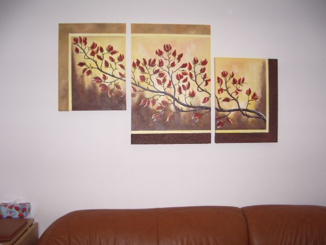 Piękny obraz malowany ręcznie tryptyk drzewo kwiaty gałąź magnolia