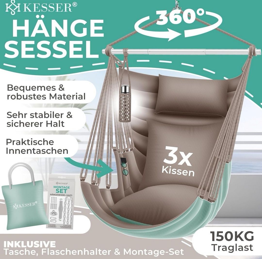 KESSER® Haiti fotel wiszący, nośność 150 kg, krzesło wiszące, obracane