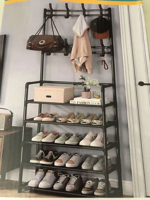 Wieszak na ubrania z półkami na buty do przedpokoju czarny 48tknd