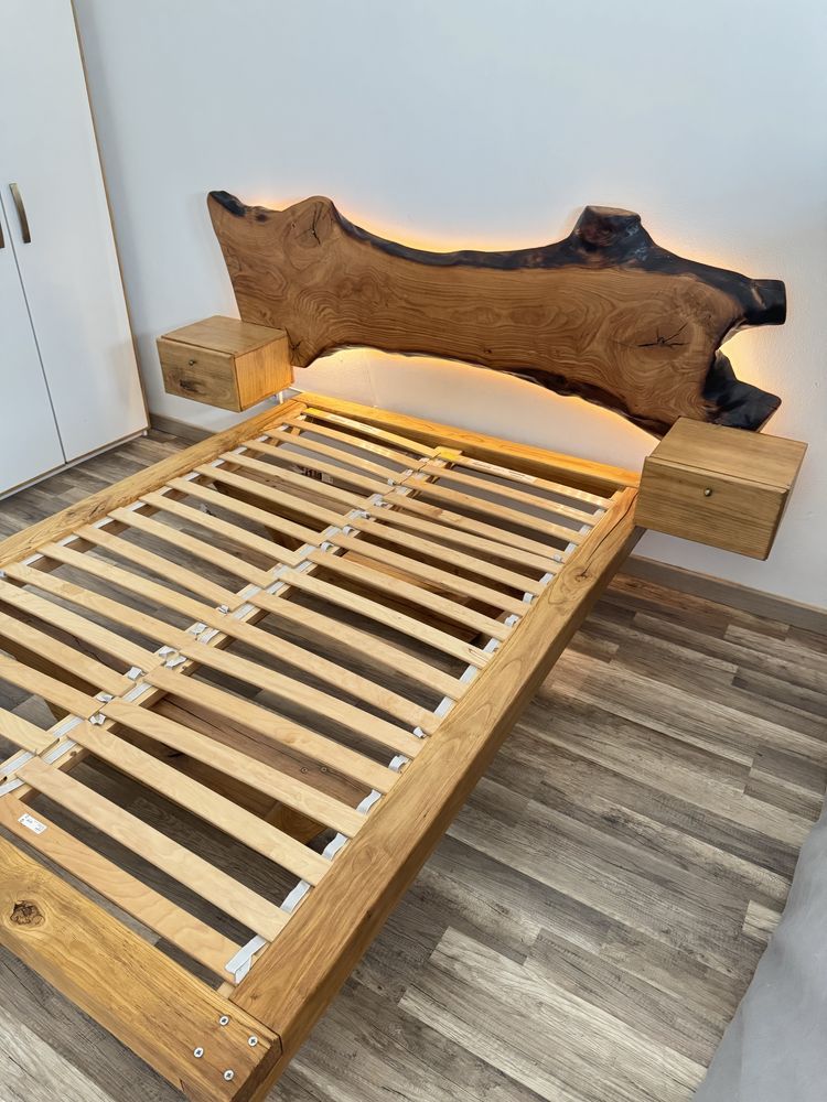 Cama Flutuante de Madeira Maciça com Cabeceira Orgânica – Artesanal