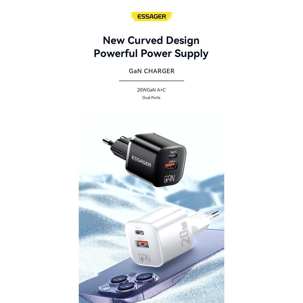 Ładowarka 20W GaN USB-C + A z funkcją szybkiego ładowania QC - Essager