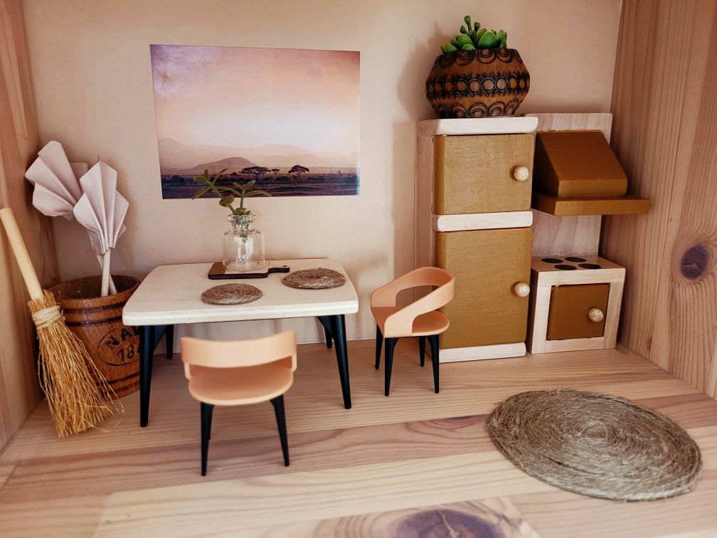 Drewniany domek dla myszek lalek boho safari pokój mebelki do domku