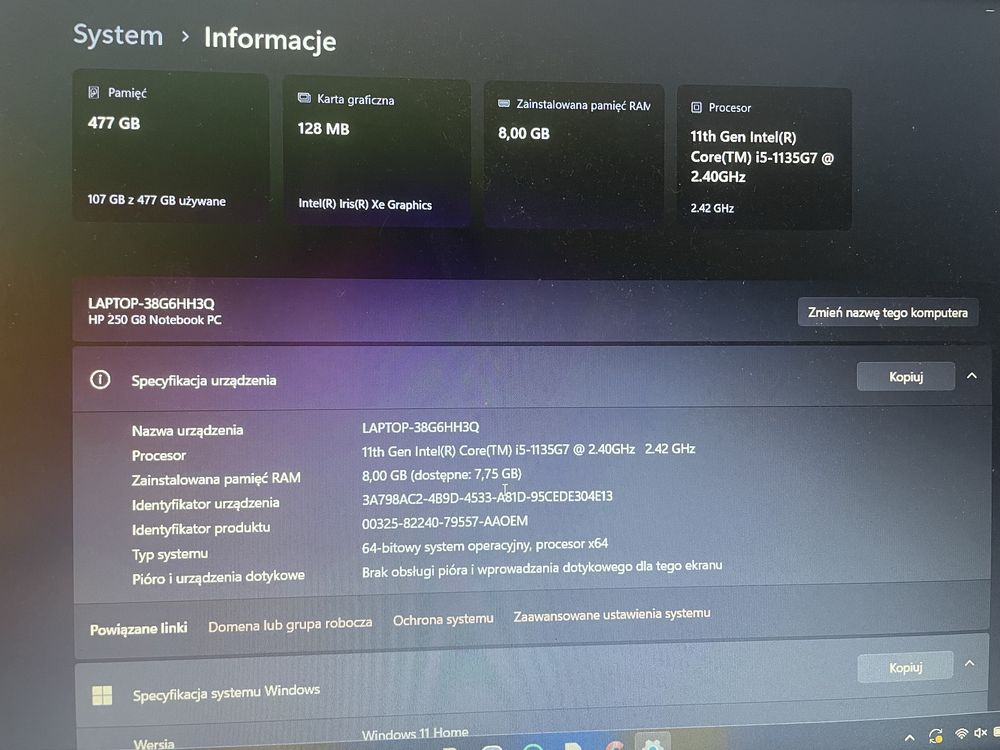 Laptop HP 250 G8 intel i51135G7 2.4 ghz 8gb RAM myszka gratis