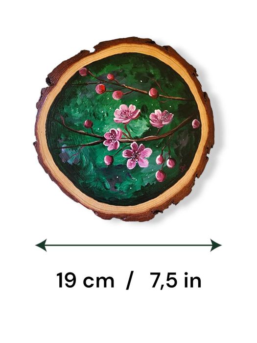 Pintura sobre Fatia de Madeira Rústica - "Ramo de Cerejeira" (19 cm)
