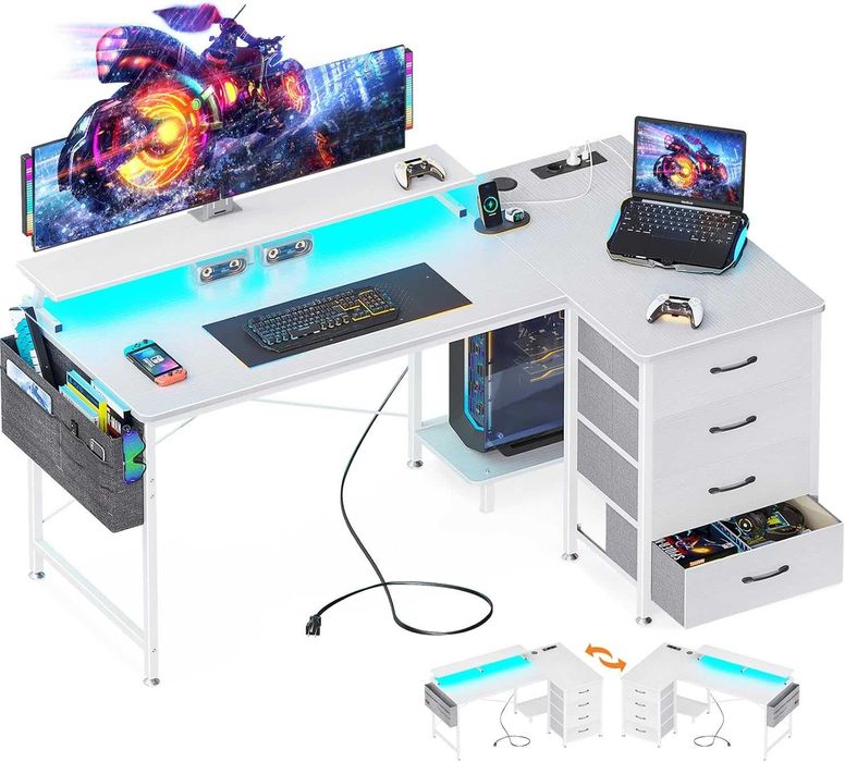 Mesa de gaming secretária branca  140 x 80 cm  LED e vários acessórios