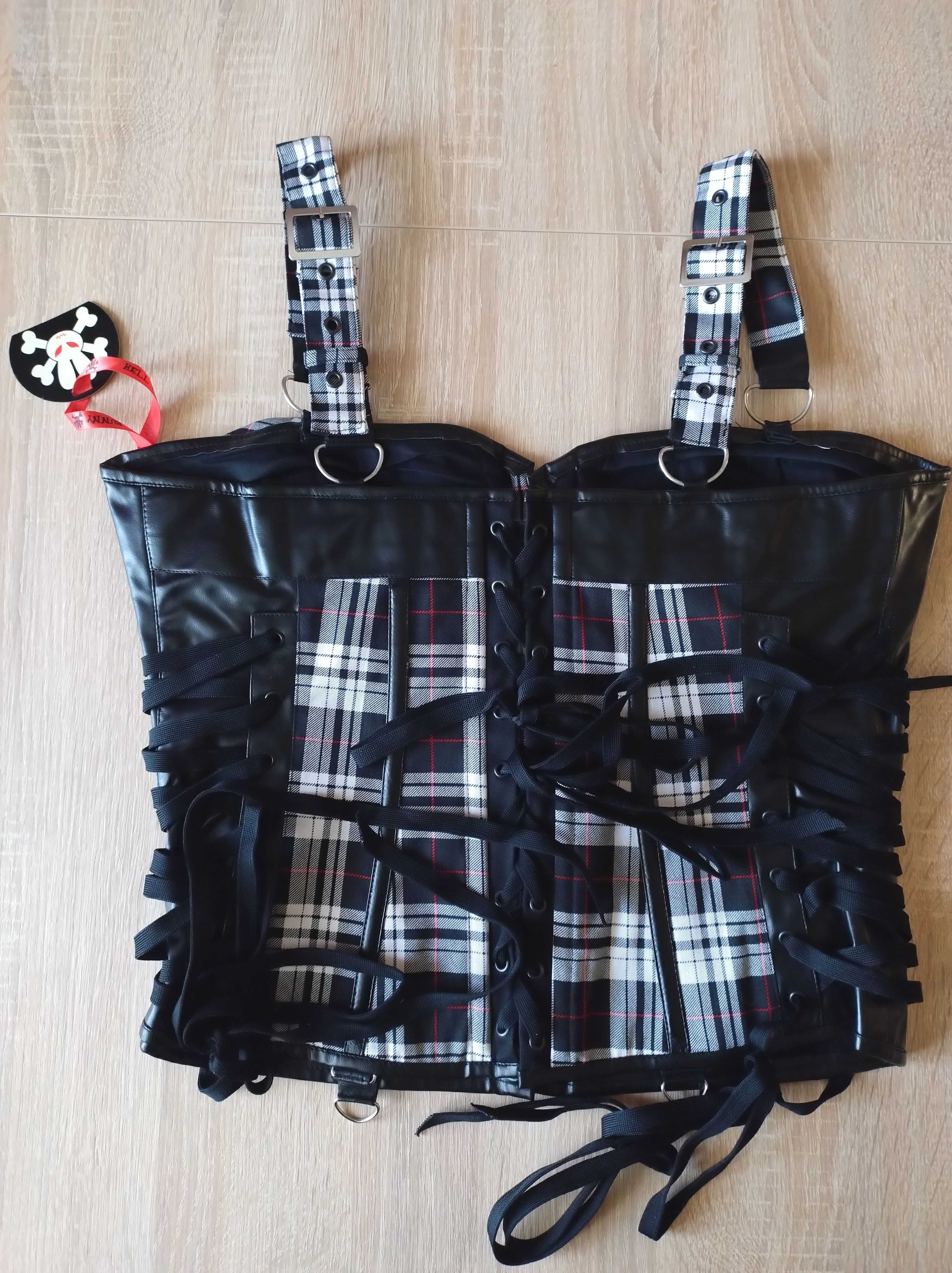 NOWY czarny gorset w kratę Hell Bunny ekoskóra gothic alternative L