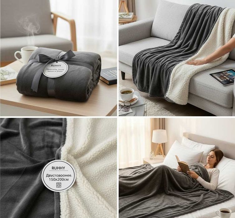 Двостороннє Плед-Одеяло Ruhhy 150х200 см Темно-сіре Імітація Овчини