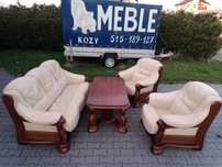 Komplet KLER , Rozkładany 3+1+1 i Ława , dąb - Skóra Krem