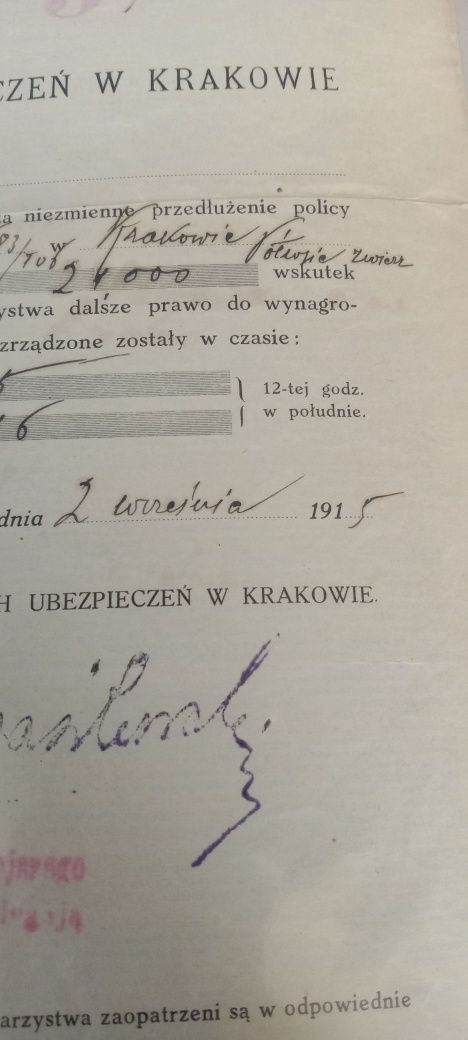 Piękna polisa  ubezpieczeniowa Kraków 1915 rok dokument