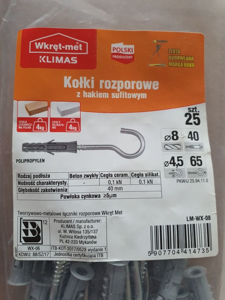 Haki sufitowe do wieszania lamp i Kołki rozporowe do 4 kg