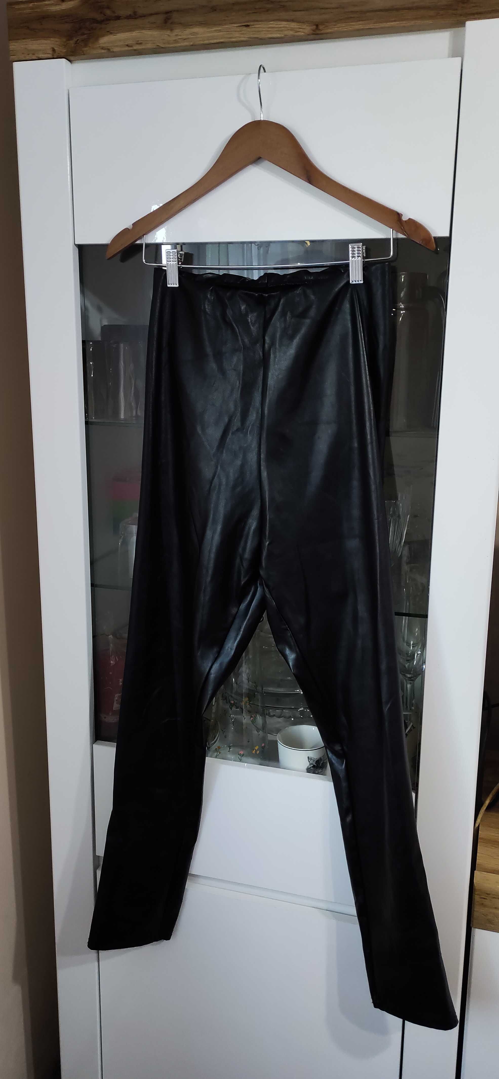 Spodnie legginsy wysoki stan push up czarne skóra skórkowe jesień