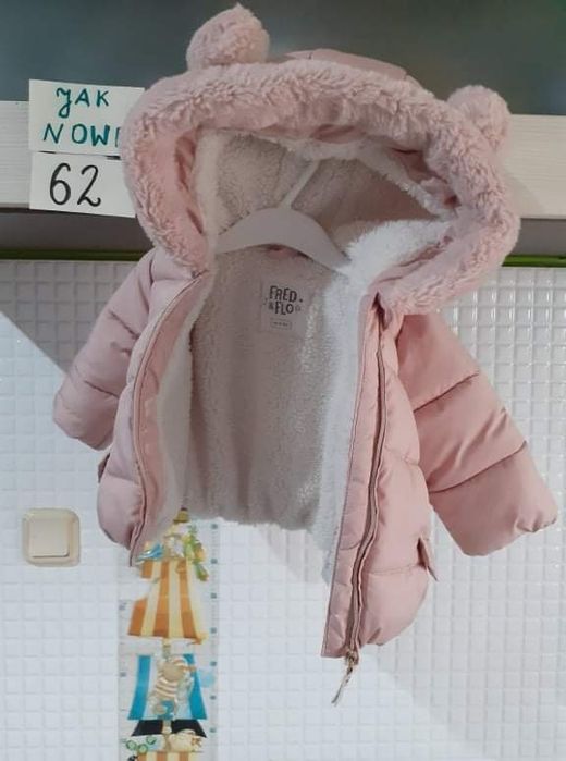 Piekna 56 62. 68 pudrowa kurtka zimowa na misiu miś futerko