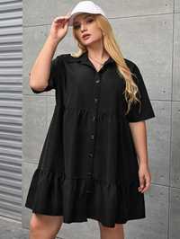 Sukienka Koszulowa Marszczona Mini Czarna Casual Shein 4Xl 48