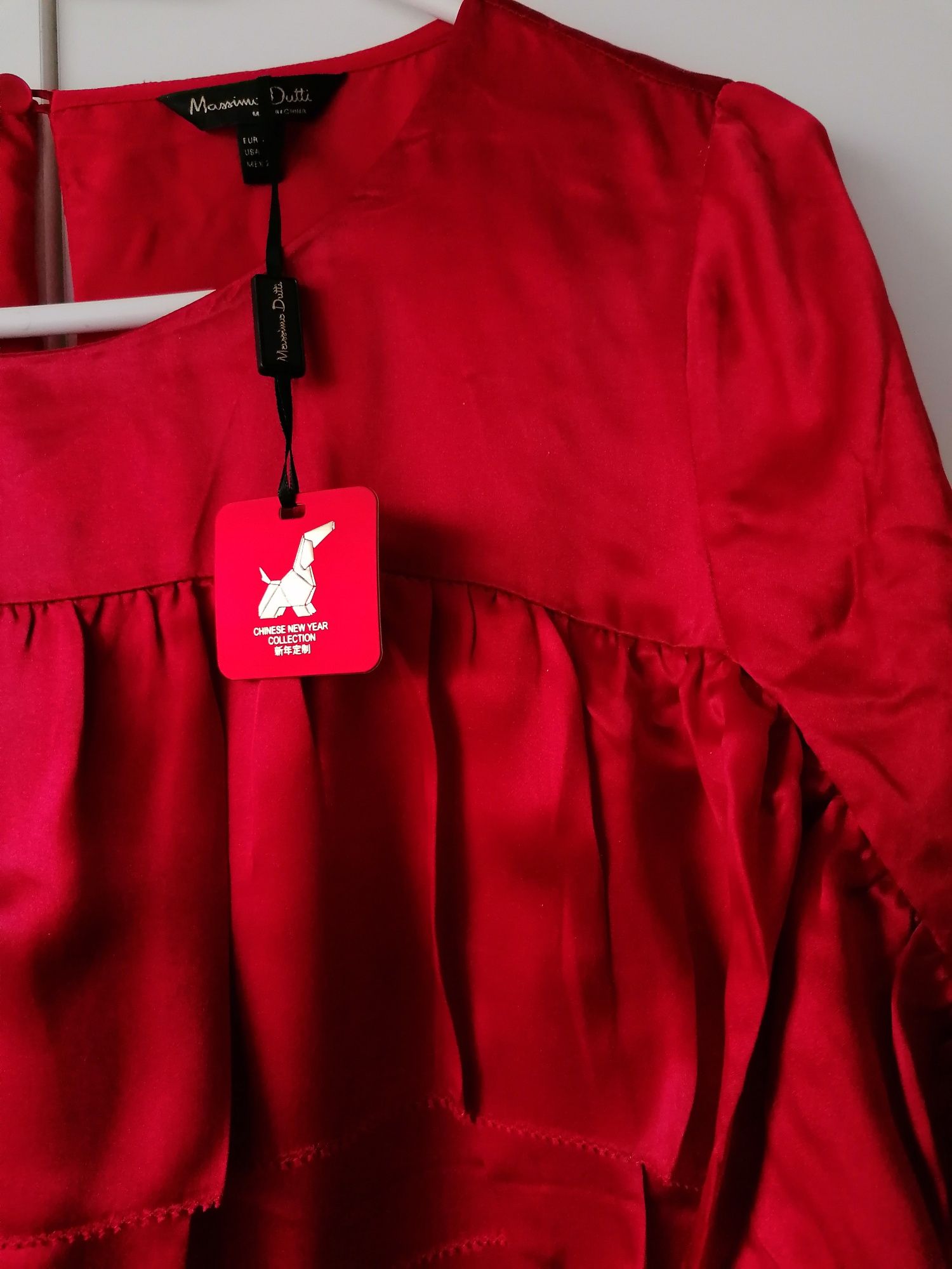 Massimo Dutti jedwabna sukienka czerwona jedwab mini falbanki 34 xs