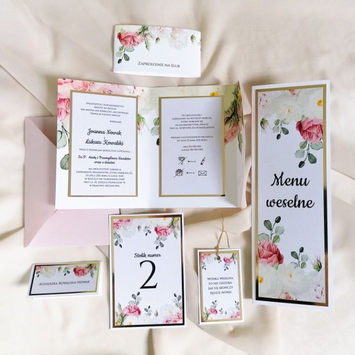 Menu weselne w stylu GLAMOUR róż i biel