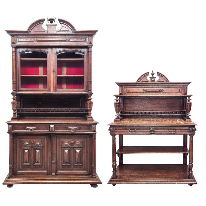 Antyk KOMPLET zdobiony KREDENS ORZECH eklektyczny + POMOCNIK do salonu