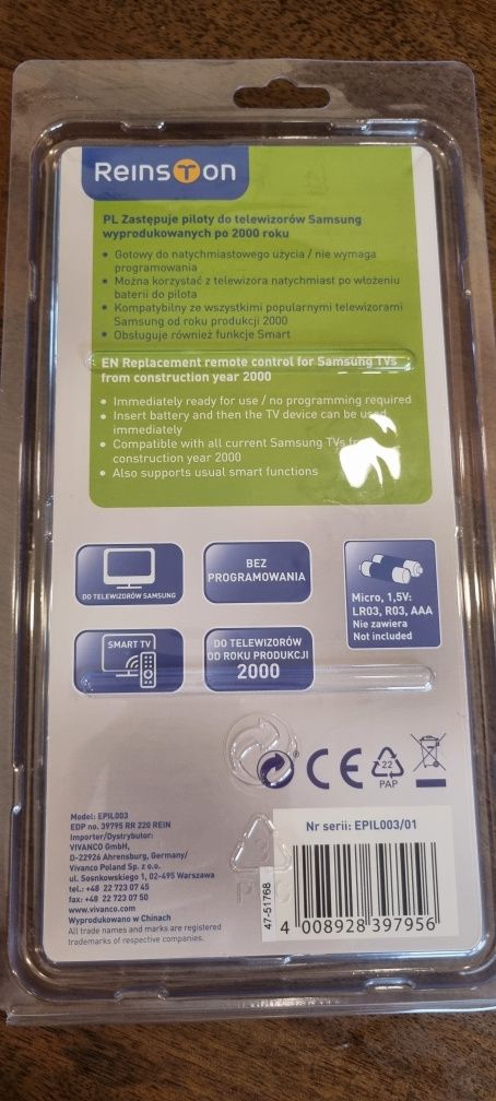 Pilot Reinston EPIL003 do TV Samsung