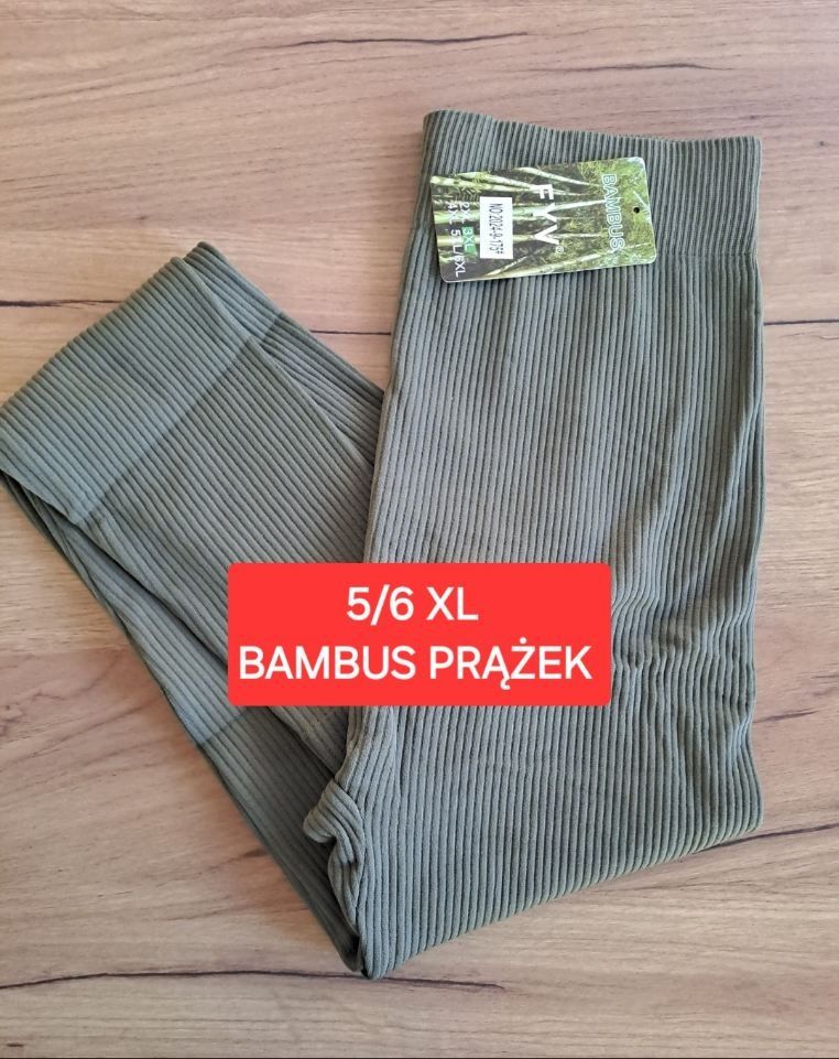 Nowe Leginsy 5/6 XL 50 52 oliwkowe  jasnozielone prążkowane bambus prą