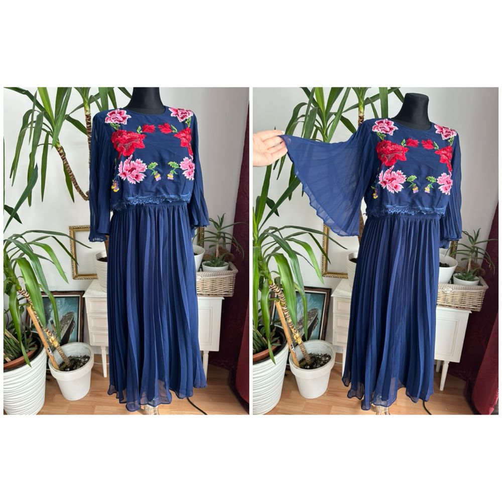 Granatowa plisowana sukienka midi w kwiaty haftowana asos 44 xxl