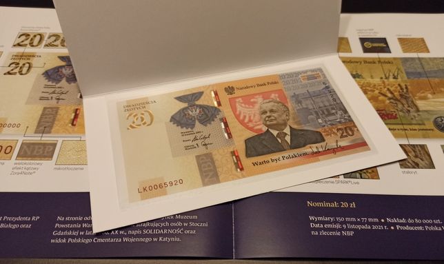 Banknot kolekcjonerski 20zl Lech Kaczyński UNC stan bankowy